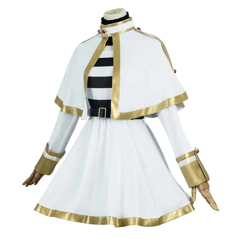 White costume with black and gold accents on a white background