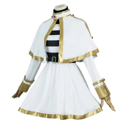 White costume with black and gold accents on a white background