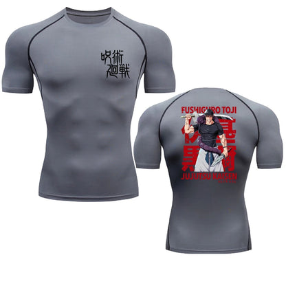 Gray athletic shirt with front and back designs on a white background
