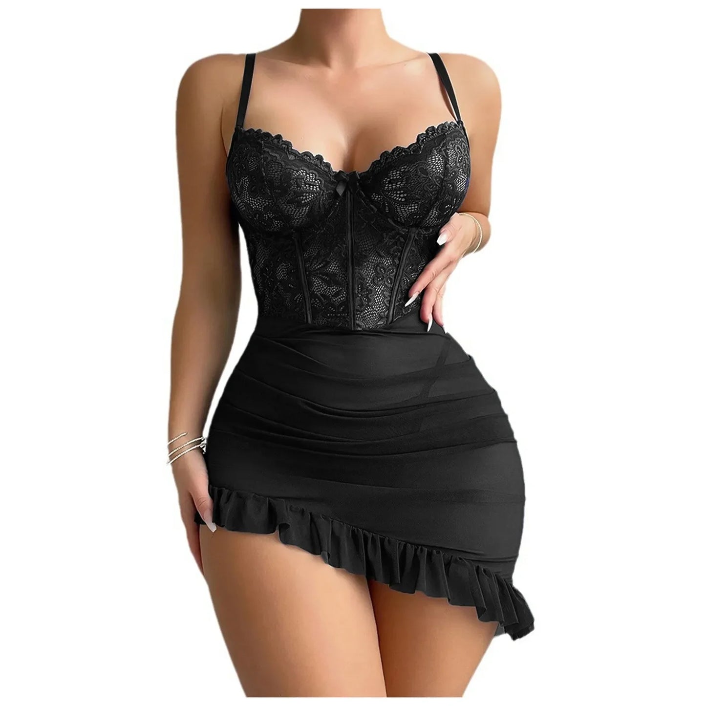 Transparent underwire bra with sexy fairy lace lingerie nightdress set for women