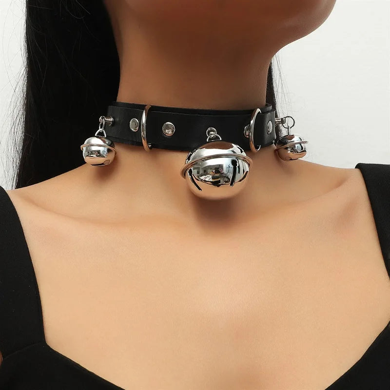 ShadowBelle PU leather punk choker set with bell, spikes, and rivets for goth and BDSM cosplay