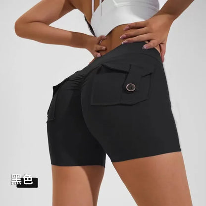 Women’s peach butt cargo yoga pants with air-dry pockets – breathable three-quarter fitness shorts