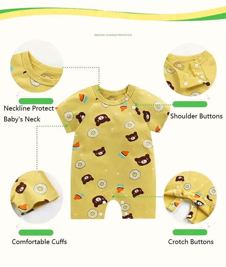 Cotton baby bodysuit with short sleeves, breathable fabric, and snap closure for newborns and infants – perfect summer babywear