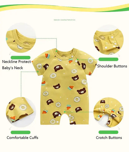 Cotton baby bodysuit with short sleeves, breathable fabric, and snap closure for newborns and infants – perfect summer babywear