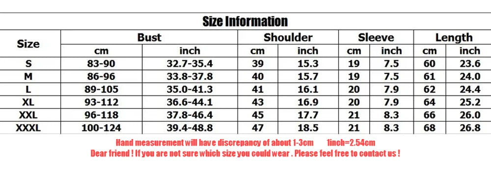 Size chart for clothing with measurements in centimeters and inches.