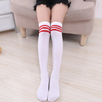 Women’s thigh high striped nylon socks, sexy over-the-knee long stockings, and leg warmers