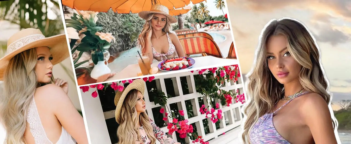 Collage of a woman in a sunlit outdoor setting with flowers and a hat.