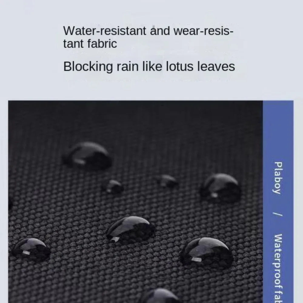 Water droplets on water-resistant fabric with text about its properties.