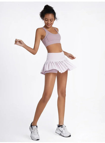 High-waist pleated tennis skirt pants with built-in shorts, breathable and lightweight for summer fitness activities