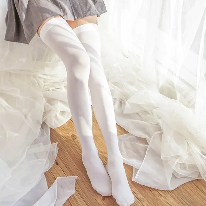 Black and white knee-high Lolita socks for women, thin breathable over-the-knee stockings