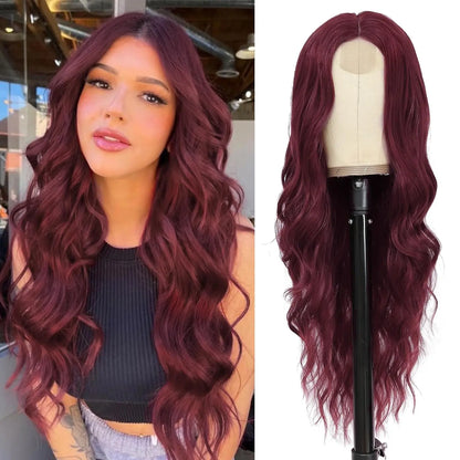 Side-by-side comparison of a woman with long wavy red hair and a wig on a mannequin head.