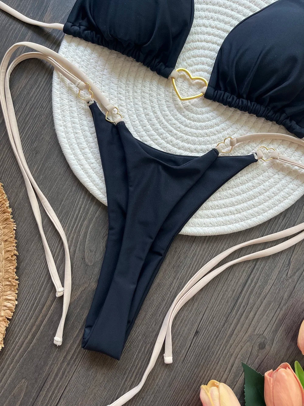 Sexy halter bikini set with Brazilian thong bottoms – women’s two-piece solid color swimwear