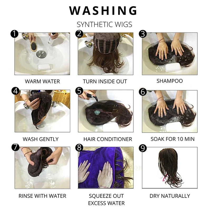 Step-by-step guide on how to wash synthetic wigs with images and text instructions.