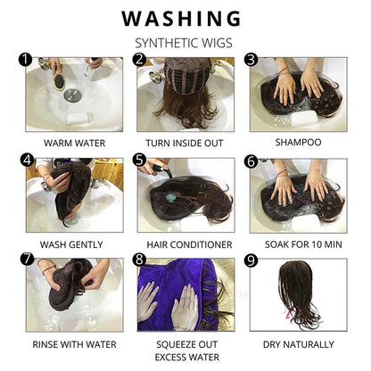 Step-by-step guide on how to wash synthetic wigs with images and text instructions.