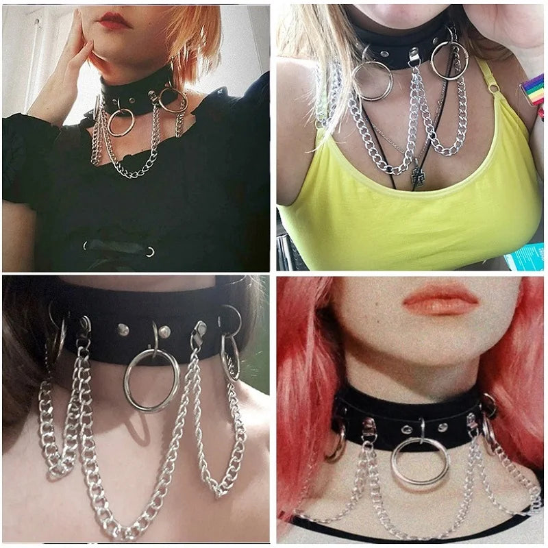 ShadowBelle PU leather punk choker set with bell, spikes, and rivets for goth and BDSM cosplay