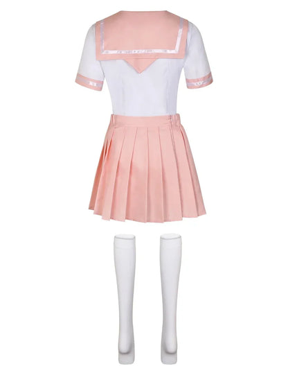 Japanese Seifuku pink sailor cosplay uniform with pleated skirt, blouse, and socks set for anime costume or kawaii fashion