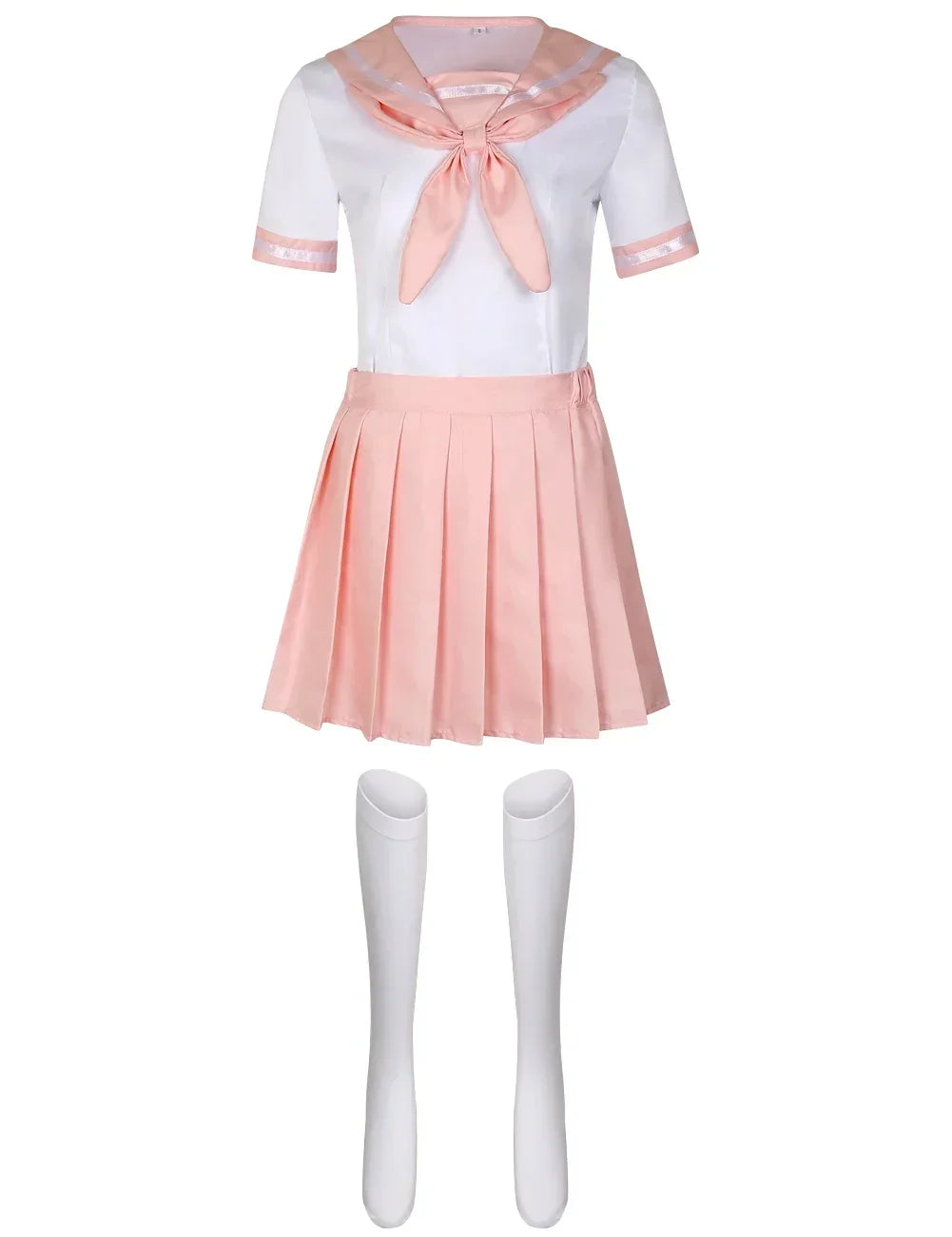 Japanese Seifuku pink sailor cosplay uniform with pleated skirt, blouse, and socks set for anime costume or kawaii fashion