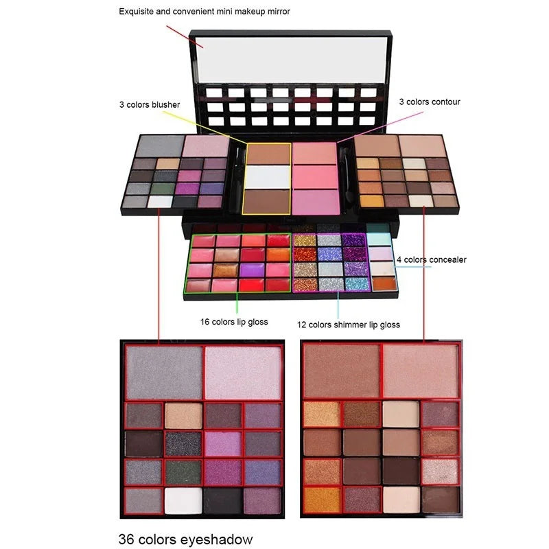 Makeup palette with various shades including eyeshadows, blushes, and lip glosses on a white background.