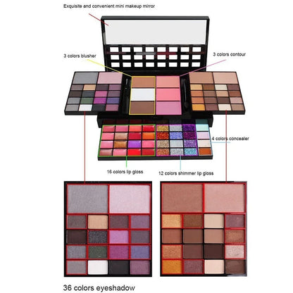 Makeup palette with various shades including eyeshadows, blushes, and lip glosses on a white background.