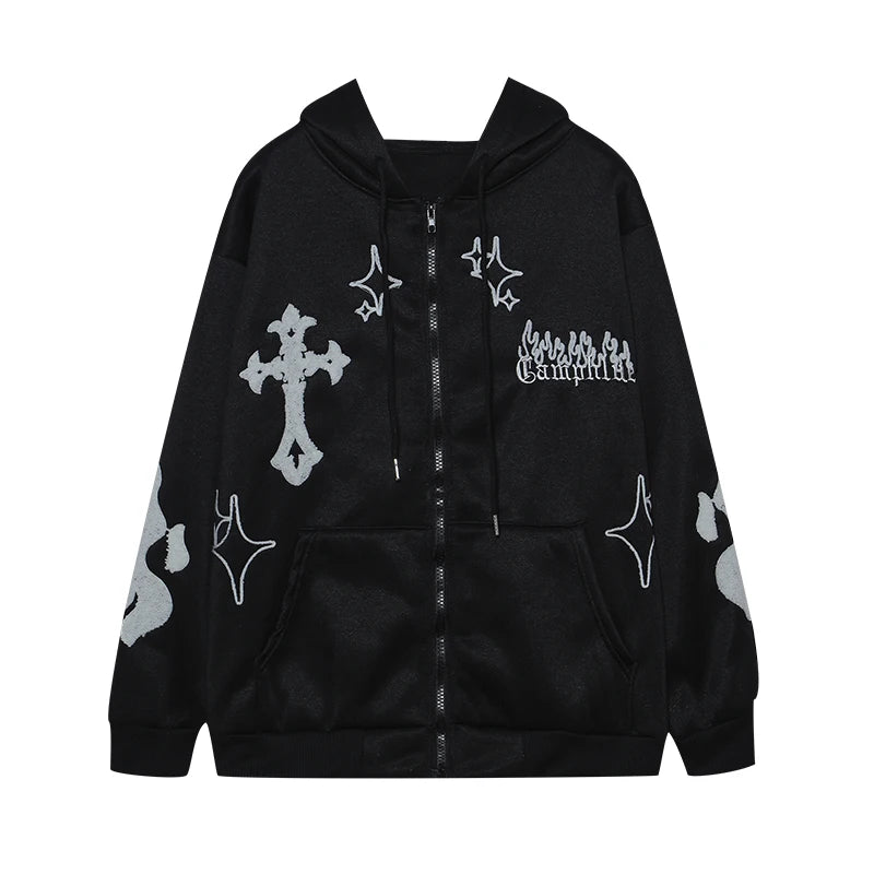 Black hoodie with white star and cross designs on a white background