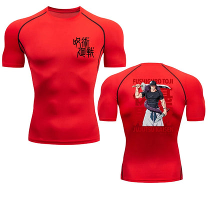 Red athletic shirt with black accents and character design on a white background