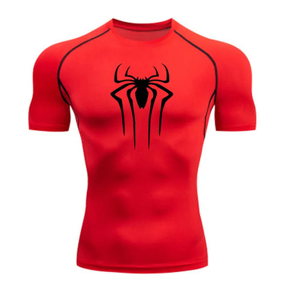 Red athletic shirt with black spider logo on a white background