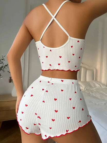 Women’s Heart Print Pajamas Set – Soft Ribbed Fabric Cami Top & Shorts with Flirty Frill Trim