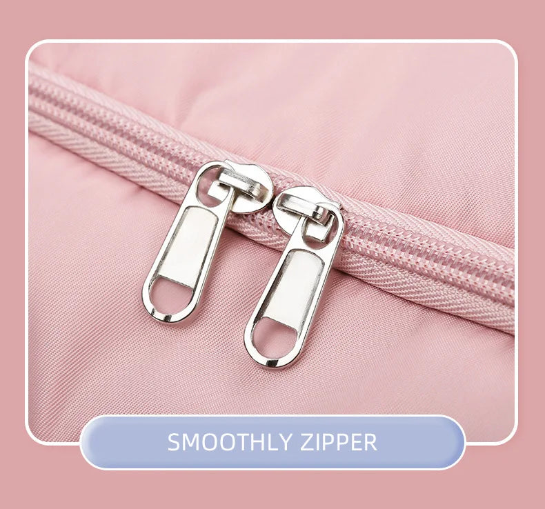 Close-up of a smooth zipper on a pink background with 'SMOOTHLY ZIPPER' text.