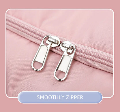 Close-up of a smooth zipper on a pink background with 'SMOOTHLY ZIPPER' text.
