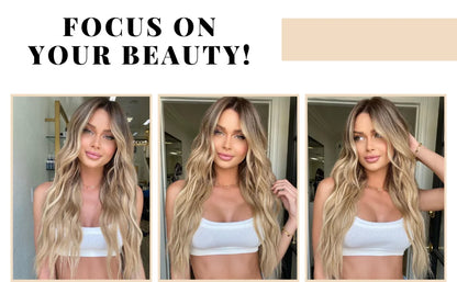 Three images of a woman with long blonde hair wearing a white top, with text 'FOCUS ON YOUR BEAUTY!'.