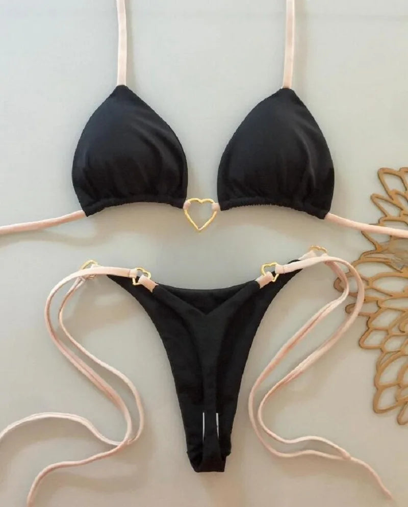 Sexy halter bikini set with Brazilian thong bottoms – women’s two-piece solid color swimwear