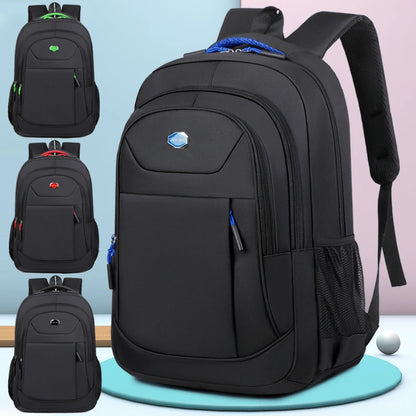 Black backpack with visible brand logo on a light blue background