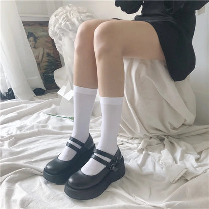 Black and white knee-high Lolita socks for women, thin breathable over-the-knee stockings