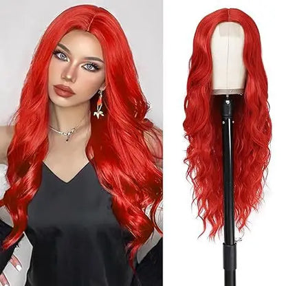 Red wig worn by a model and on a mannequin head.