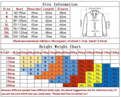 Size chart and height weight chart for a shirt with measurements in centimeters and inches.