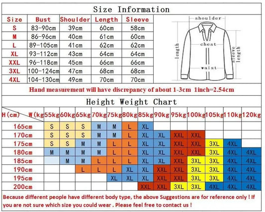 Size chart and height weight chart for a shirt with measurements in centimeters and inches.