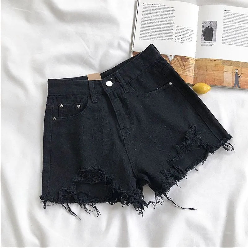 Women’s Korean high-waist ripped denim shorts with tassel pocket detail in blue
