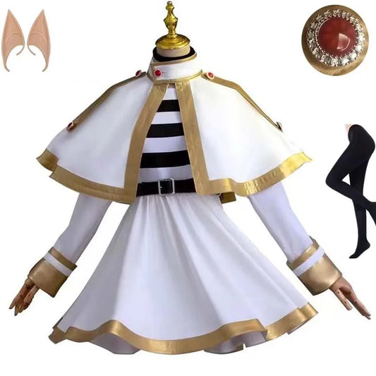 White and gold costume with black and white striped shirt, accessories on a white background