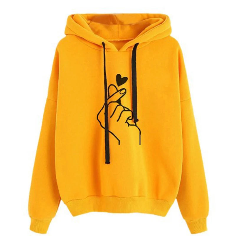Finger Heart Fleece Hoodie – Korean Style Pullover with Pockets