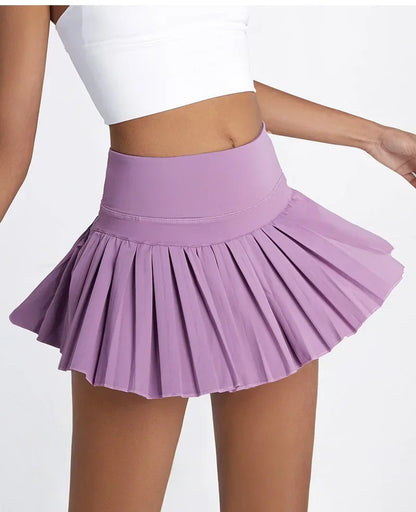 High-waist pleated tennis skirt pants with built-in shorts, breathable and lightweight for summer fitness activities