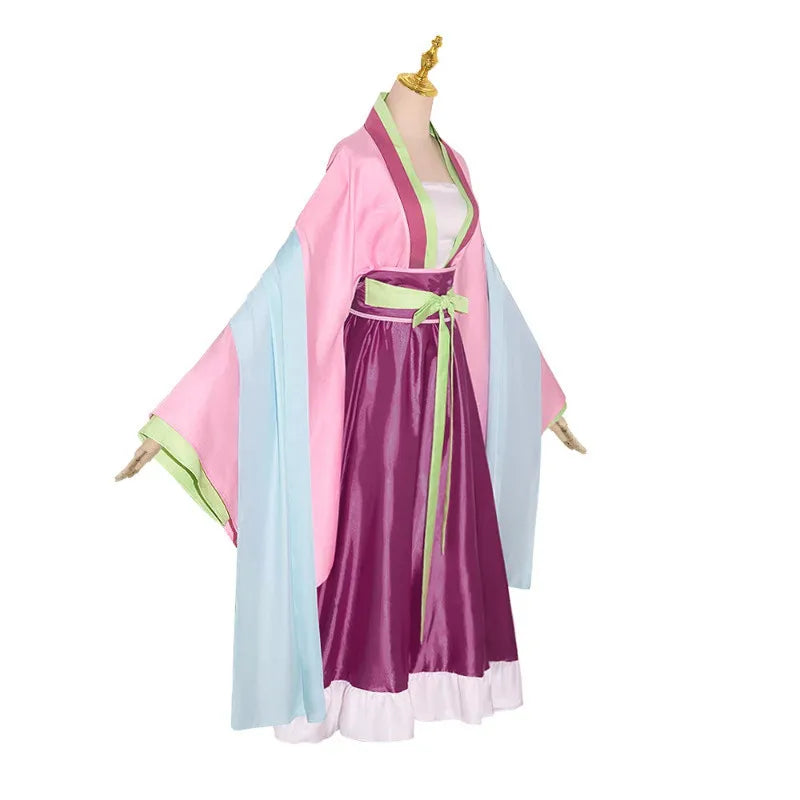 Traditional-style dress on a mannequin with pink, purple, and blue colors on a white background