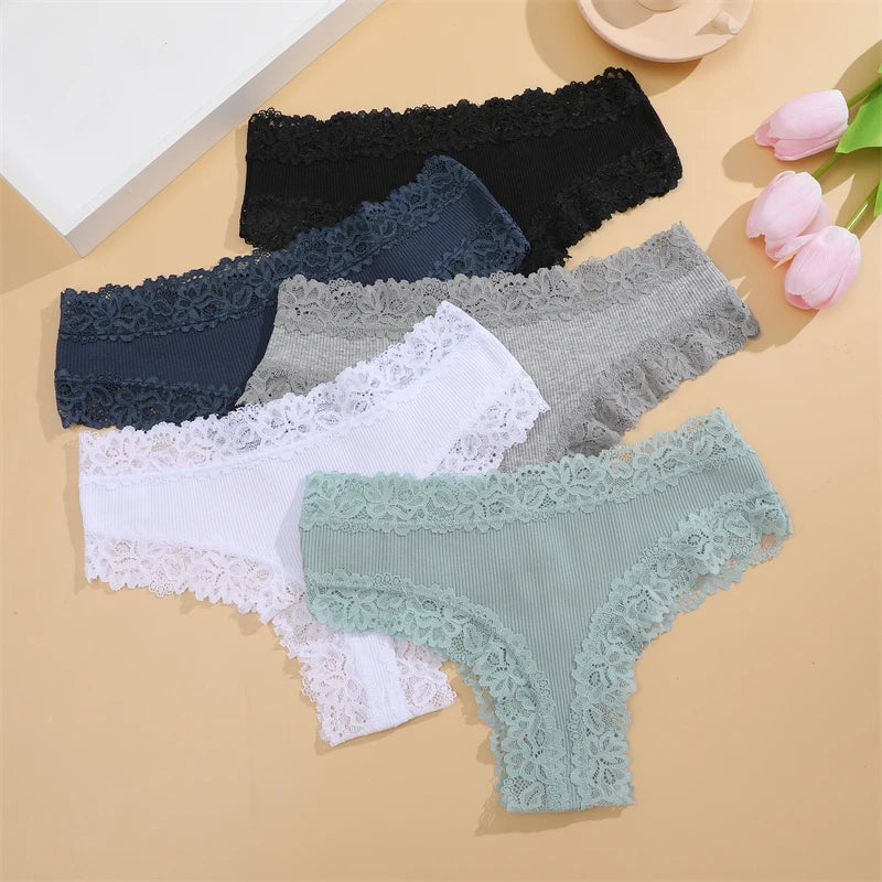 5pcs women’s cotton floral lace panties set with soft patchwork briefs