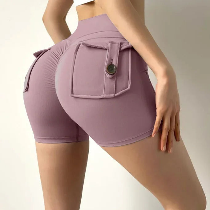 Women’s peach butt cargo yoga pants with air-dry pockets – breathable three-quarter fitness shorts