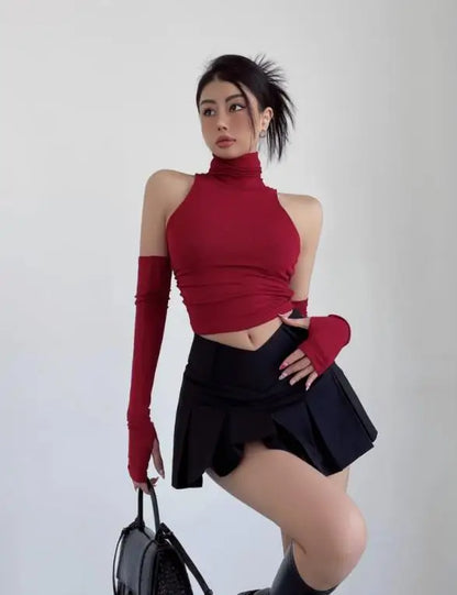 Sexy high neck pleated sleeveless crop tank top for women, Y2K clubwear and streetwear