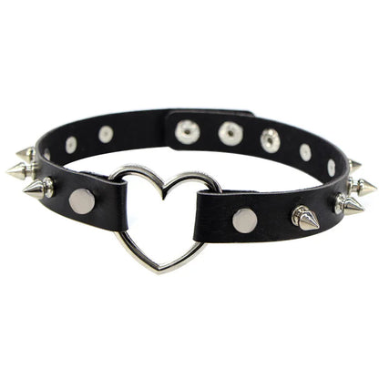 ShadowBelle PU leather punk choker set with bell, spikes, and rivets for goth and BDSM cosplay
