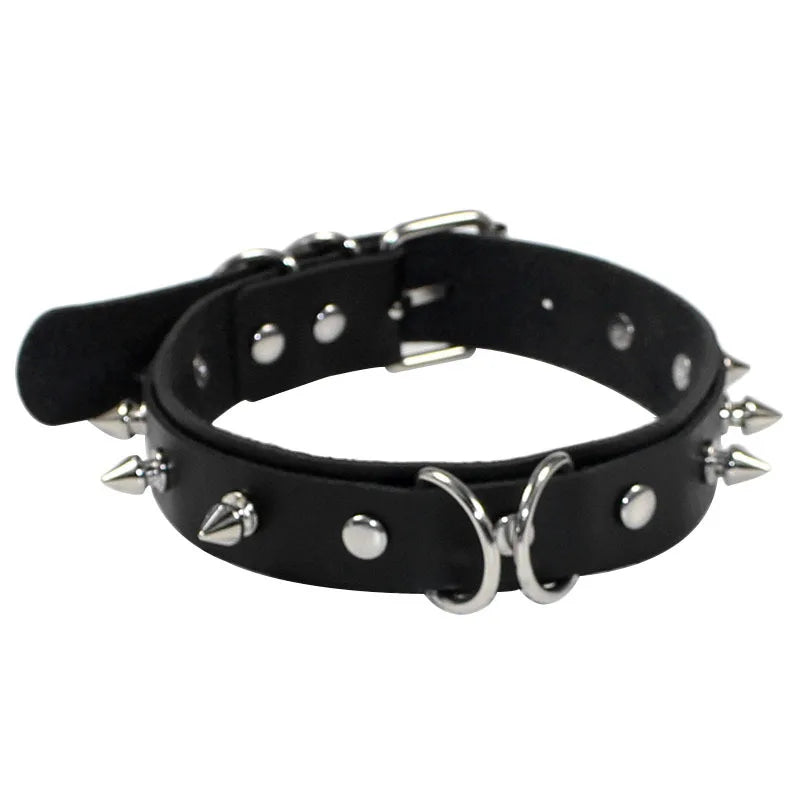ShadowBelle PU leather punk choker set with bell, spikes, and rivets for goth and BDSM cosplay