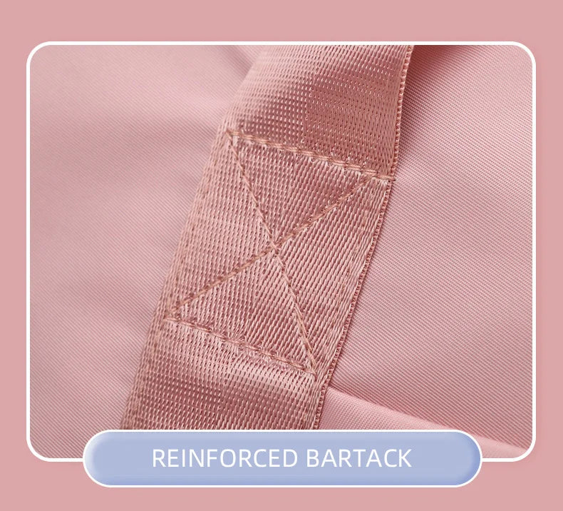 Close-up of reinforced bartack on a pink fabric background with 'REINFORCED BARTACK' text.