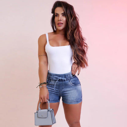 Mid-waist slim fit denim shorts for women with drawstring, pleated front, and side pockets – summer streetwear