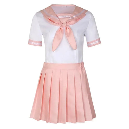 Japanese Seifuku pink sailor cosplay uniform with pleated skirt, blouse, and socks set for anime costume or kawaii fashion