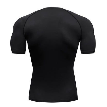 Black short-sleeve athletic shirt on a white background